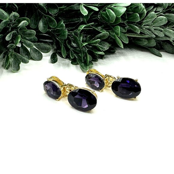Vintage Style Gold Plated Purple Gemstone Clip-On Earrings by Monet - Picture 1 of 8